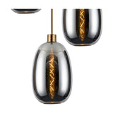 Lori 3 Light E27 Round Pendant Light 40cm, close-up of an oval chrome glass shade on an antique gold rod and fitting, showing the glowing filament bulb inside, on a white background.