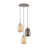 3-light E27 pendant light with round antique gold ceiling plate and staggered cords holding two amber and one smoke glass shade, shown on a plain white background.