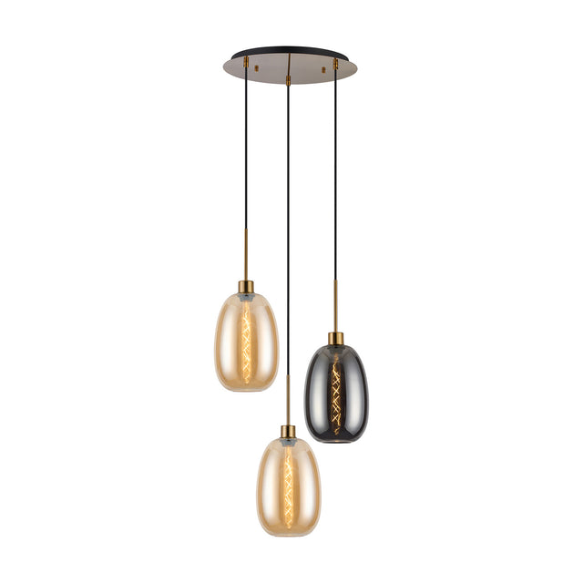 3-light E27 pendant light with round antique gold ceiling plate and staggered cords holding two amber and one smoke glass shade, shown on a plain white background.