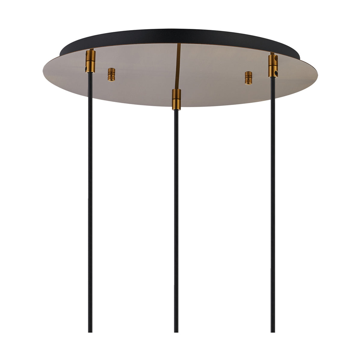 3 Light E27 pendant light with a 40cm round antique gold ceiling plate and three adjustable black cables, shown on a plain white background.