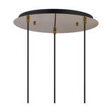 3 Light E27 pendant light with a 40cm round antique gold ceiling plate and three adjustable black cables, shown on a plain white background.