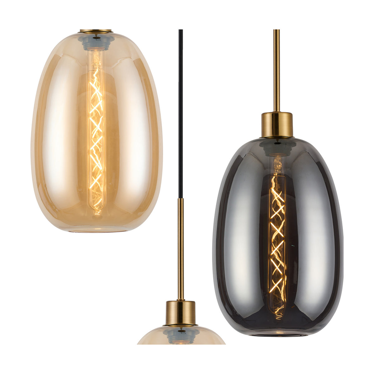 Pendant light with amber and smoke glass oval shades on antique gold fittings, shown individually with visible filament bulbs against a white background.