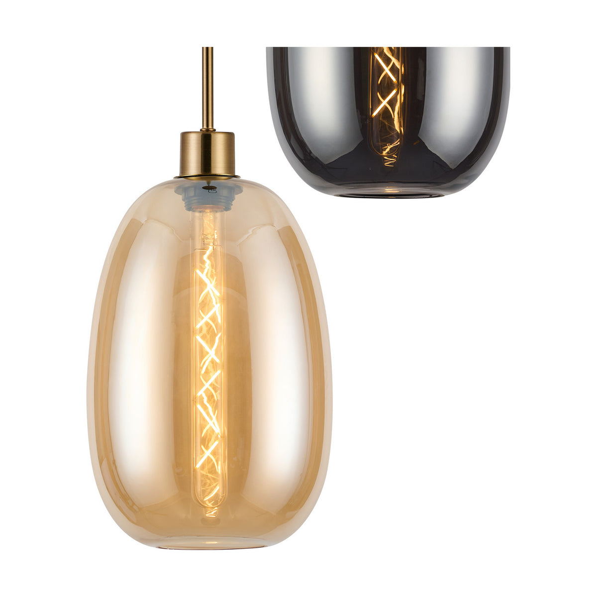 Pendant light with an oval amber glass shade and antique gold fitting, shown lit with a visible spiral filament bulb, plus an inset detail of the smoke glass variant, on a white background.