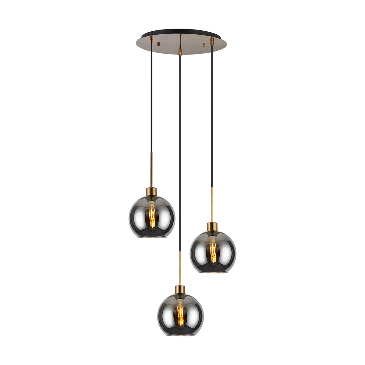 Lori 3 Light Open Mouth Pendant Light with smoke glass globe shades on antique gold stems, cascading at staggered heights from a round ceiling plate on a white background.