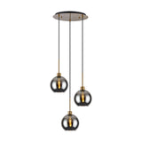 Lori 3 Light Open Mouth Pendant Light with smoke glass globe shades on antique gold stems, cascading at staggered heights from a round ceiling plate on a white background.