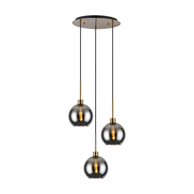 Lori 3 Light Open Mouth Pendant Light with smoke glass globe shades on antique gold stems, cascading at staggered heights from a round ceiling plate on a white background.