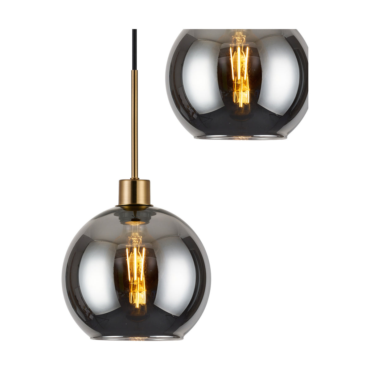 Lori pendant light with a single open-mouth smoke glass globe on an antique gold fitting, shown lit against a white background with a close-up inset detail.
