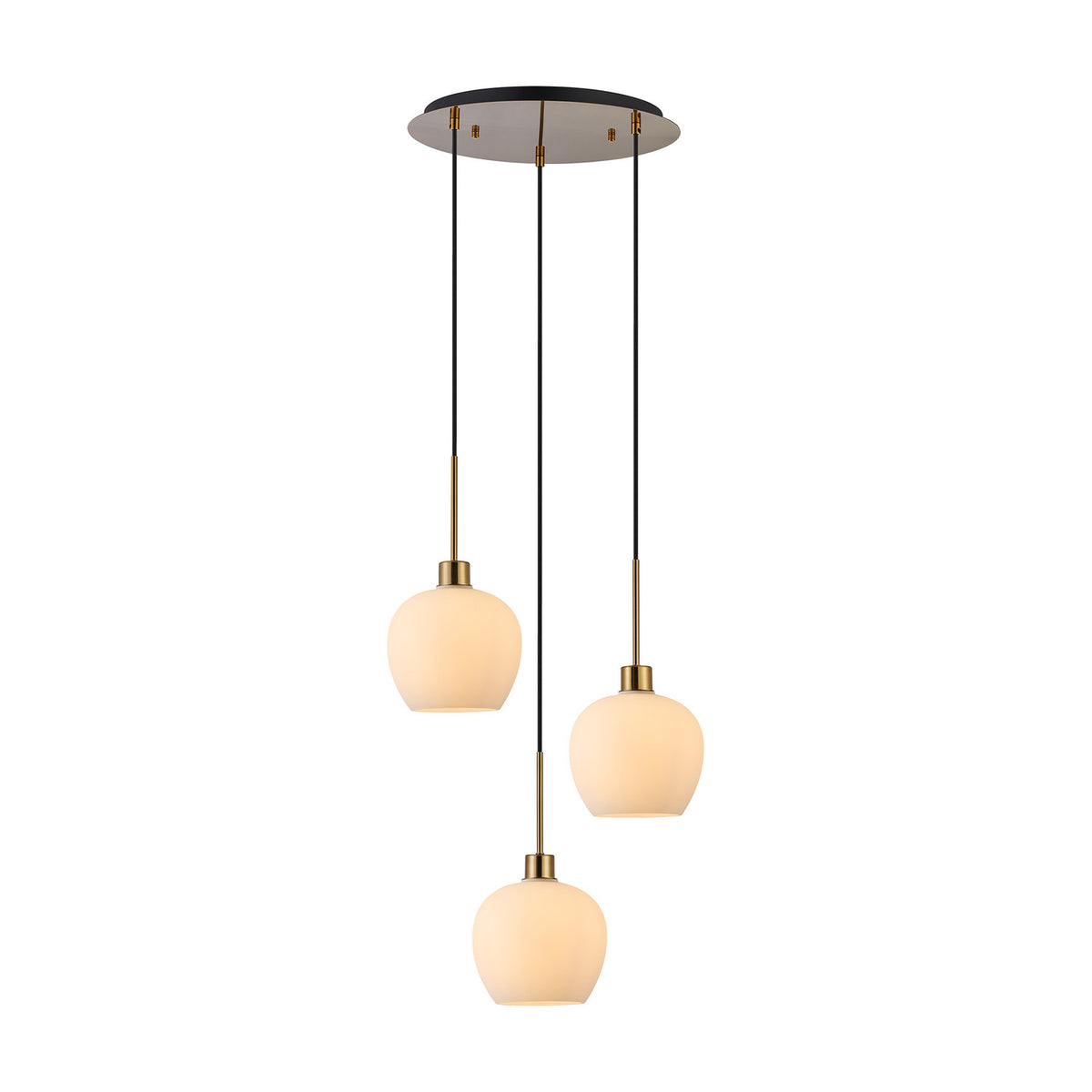 Lori 3 Light E27 Round Pendant Light with round antique gold ceiling plate, three cables at staggered lengths, and opal glass globe shades, shown on a white background.