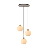 Lori 3 Light E27 Round Pendant Light with round antique gold ceiling plate, three cables at staggered lengths, and opal glass globe shades, shown on a white background.