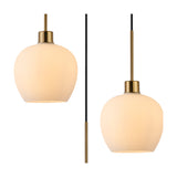 Lori 3 Light E27 Round Pendant Light in Antique Gold, showing two opal glass globe shades on brass-toned fittings and cords against a white background.