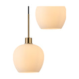 Lori pendant light with a single opal glass globe shade on an antique gold rod and fitting, E27 bulb visible inside, shown against a plain white background.