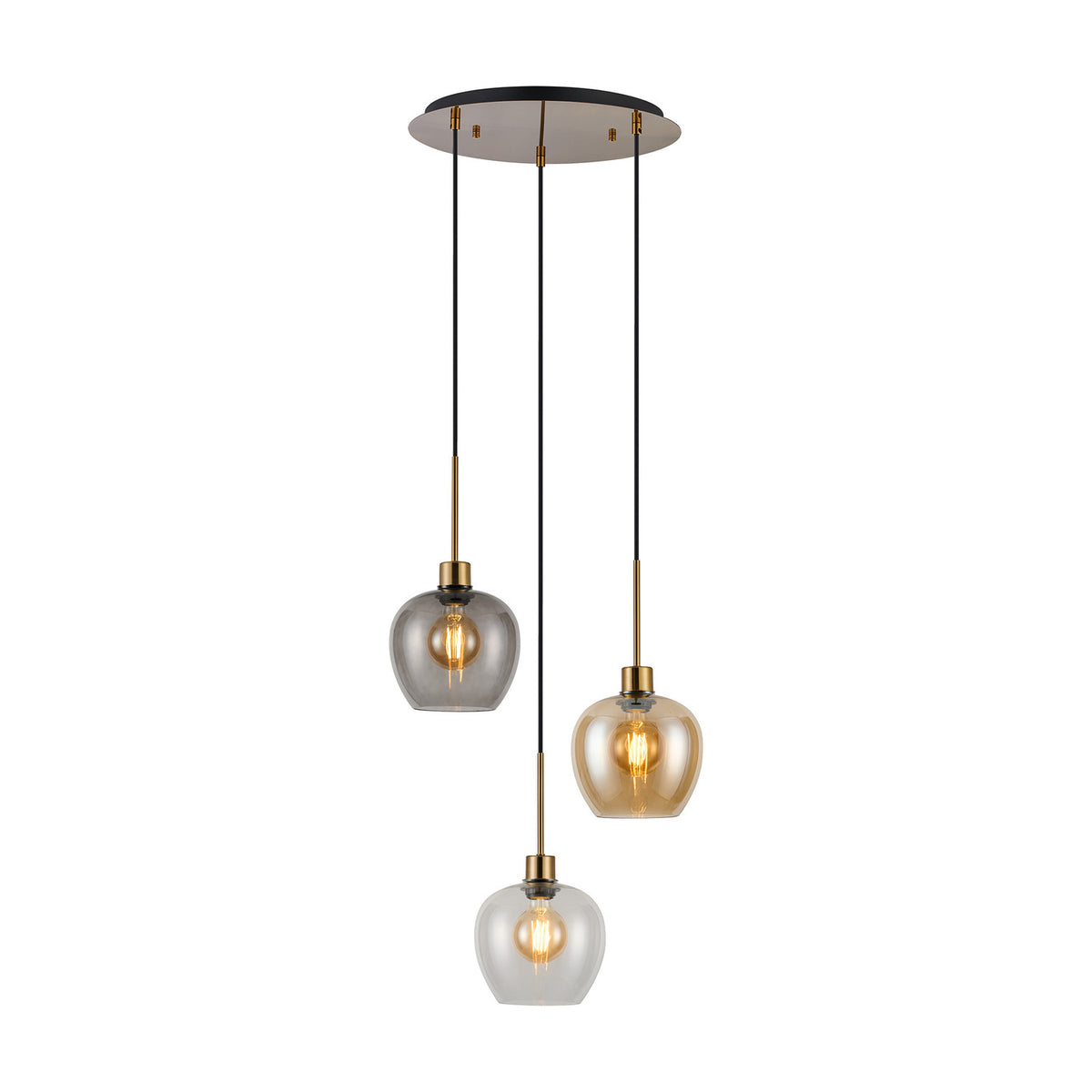 Lori 3 Light Pendant with round antique gold ceiling plate and black cables suspending three globe glass shades in smoke, amber, and clear, each with an antique gold stem, shown on a white background.