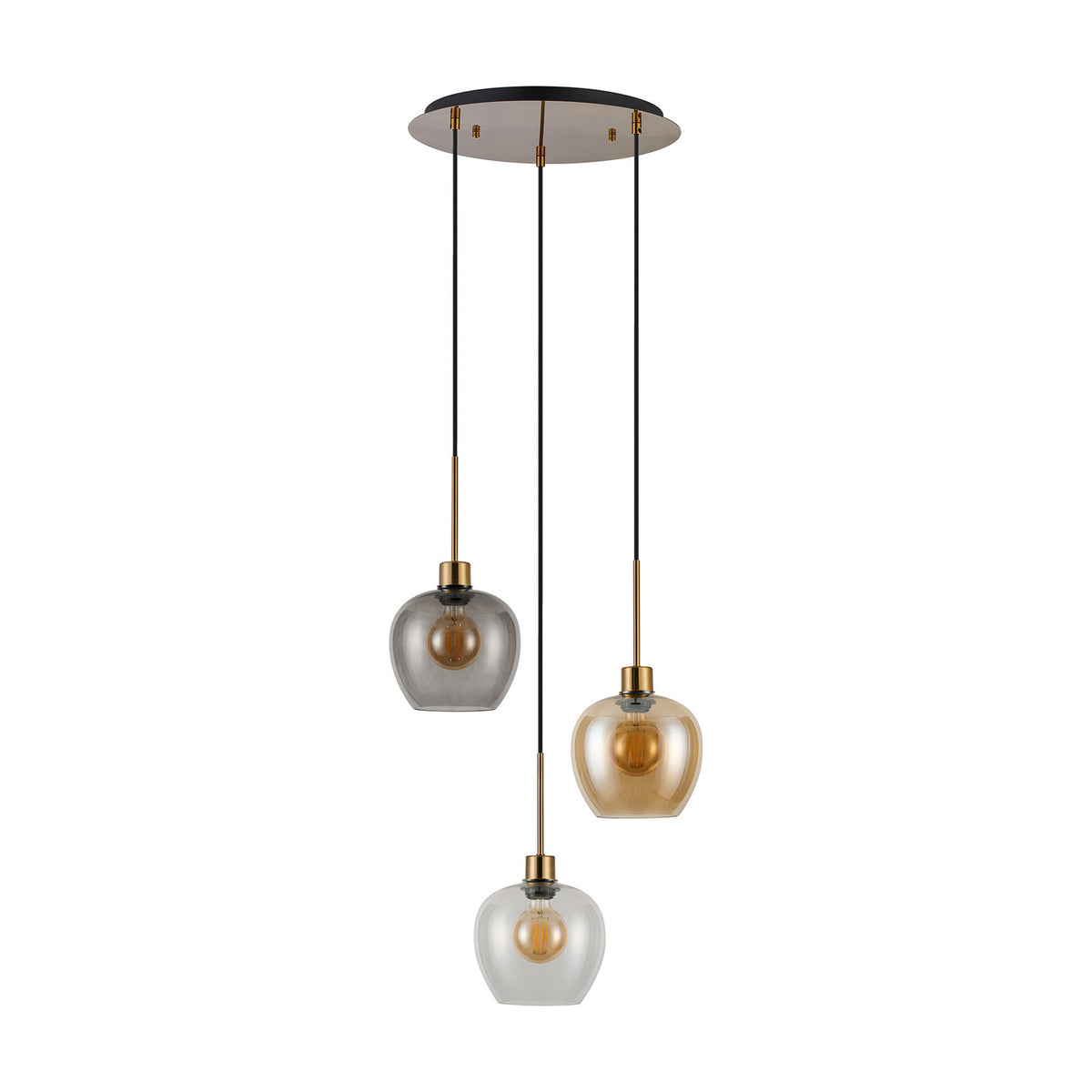 Lori 3 Light Pendant with amber, clear and smoke glass shades on staggered antique gold cords, suspended from a round 40cm ceiling plate against a plain white background.