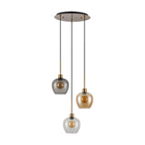 Lori 3 Light Pendant with amber, clear and smoke glass shades on staggered antique gold cords, suspended from a round 40cm ceiling plate against a plain white background.