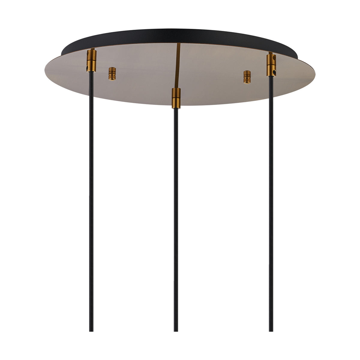 Lori 3 Light Pendant with a round 40cm antique gold ceiling plate and three black cables, fitted with slim brass connectors, shown against a plain white background.