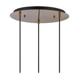 Lori 3 Light Pendant with a round 40cm antique gold ceiling plate and three black cables, fitted with slim brass connectors, shown against a plain white background.