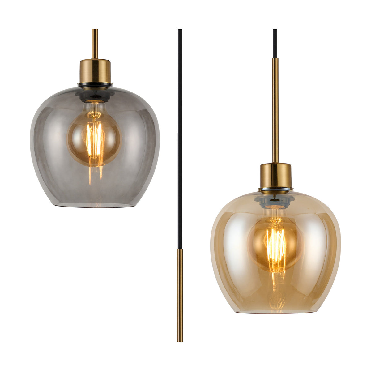 Lori pendant light shades in smoke and amber glass with antique gold fittings, shown individually with visible bulbs and suspension rods on a white background.