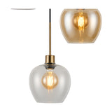 Lori 3 Light Pendant in Amber, Clear and Smoke glass with antique gold fittings, shown as a rounded clear glass shade with visible bulb and an amber-toned close-up.