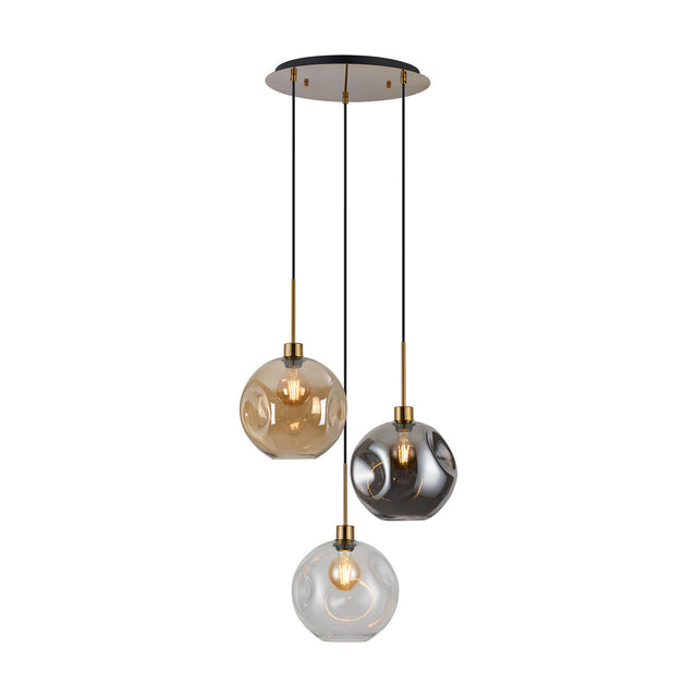 Lori 3 Light E27 Round Pendant Light, round antique gold ceiling plate with three dimpled glass globes in amber, smoke and clear, on a white background.