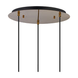 Lori 3 Light E27 Round Pendant Light, close-up of the 40cm antique gold ceiling plate with three adjustable brass suspensions and black cables, shown on a white background.