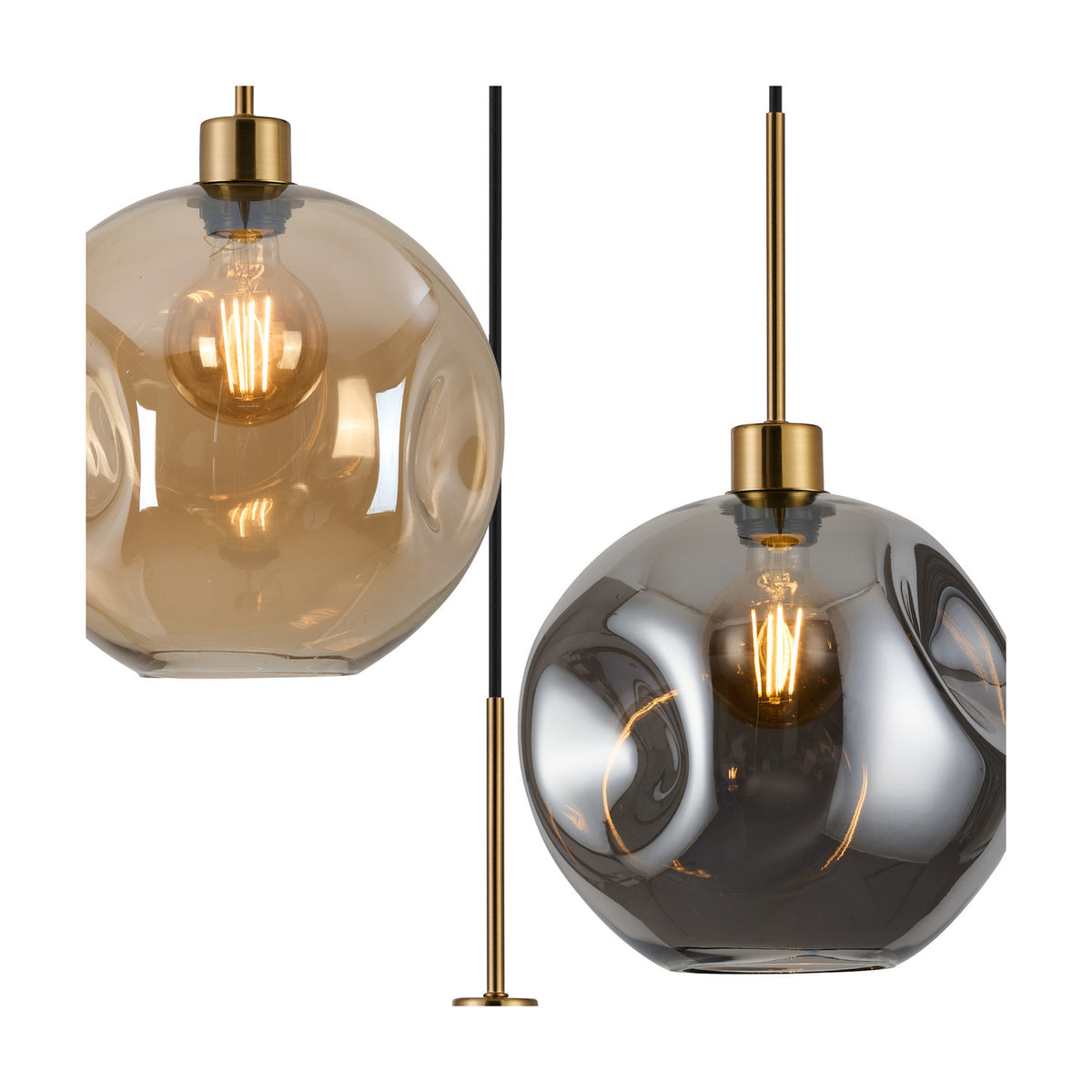 Lori pendant light with round dimpled glass globe shades in amber and smoke tones, each fitted with an E27 bulb on an antique gold suspension, shown on a white background.