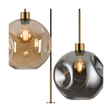 Lori pendant light with round dimpled glass globe shades in amber and smoke tones, each fitted with an E27 bulb on an antique gold suspension, shown on a white background.