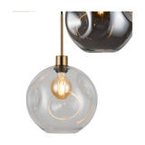 Lori 3 Light E27 Round Pendant Light in antique gold, showing one clear dimpled glass globe shade on a slim gold rod with visible bulb, plus an inset close-up of a smoke-toned shade.