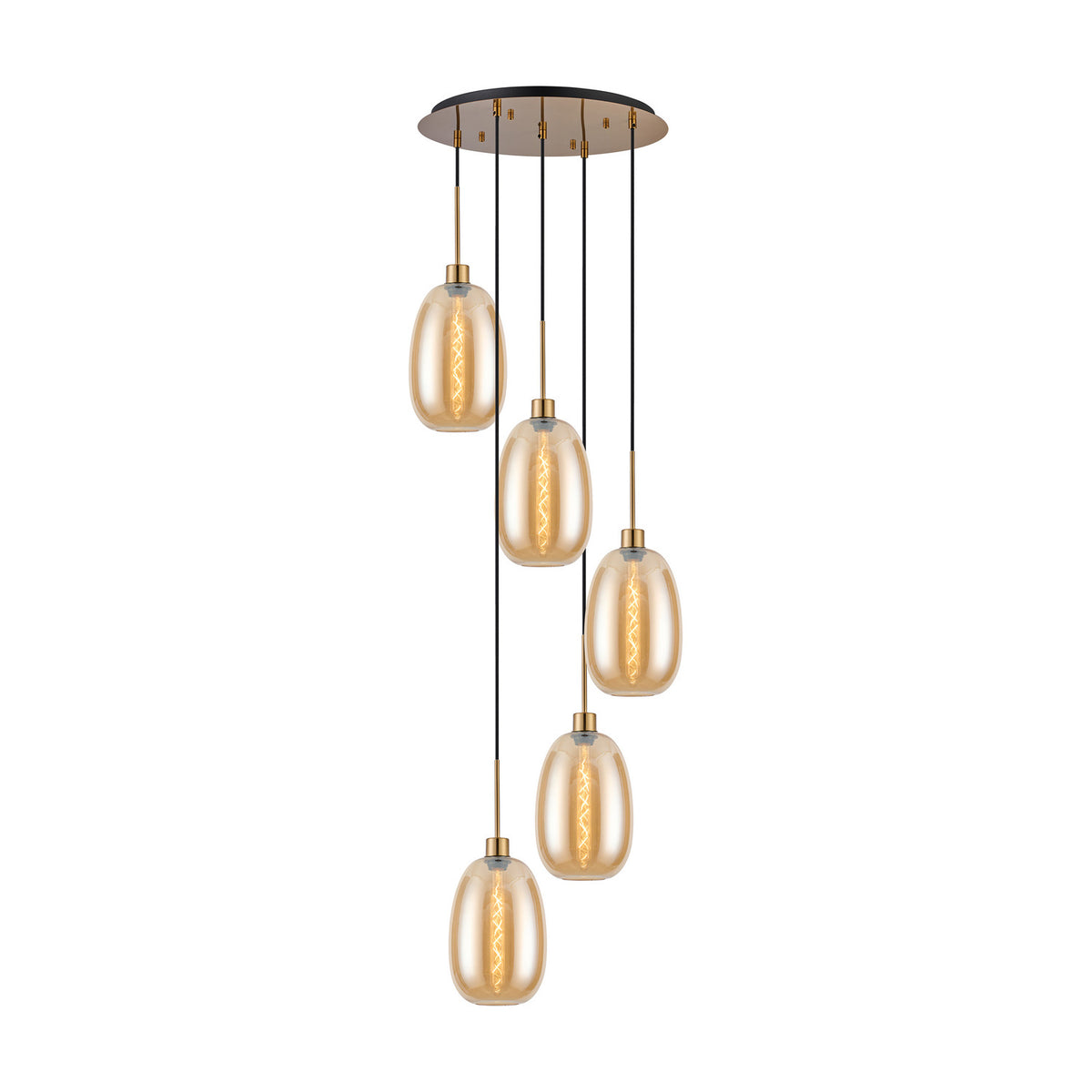 5-light E27 pendant light with amber glass shades in tapered forms at staggered heights, antique gold ceiling plate and fittings, on a plain white background.