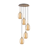 5-light E27 pendant light with amber glass shades in tapered forms at staggered heights, antique gold ceiling plate and fittings, on a plain white background.