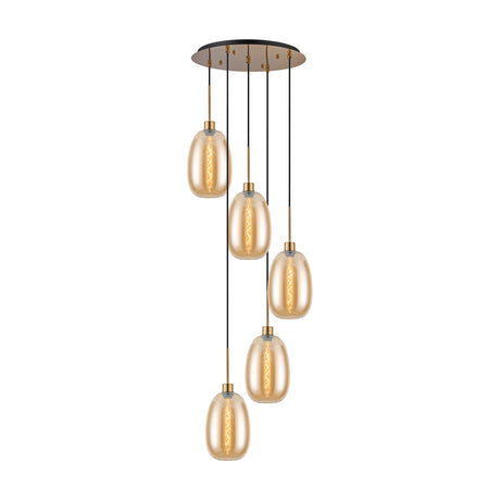 5-light E27 pendant light with amber glass shades in tapered forms at staggered heights, antique gold ceiling plate and fittings, on a plain white background.