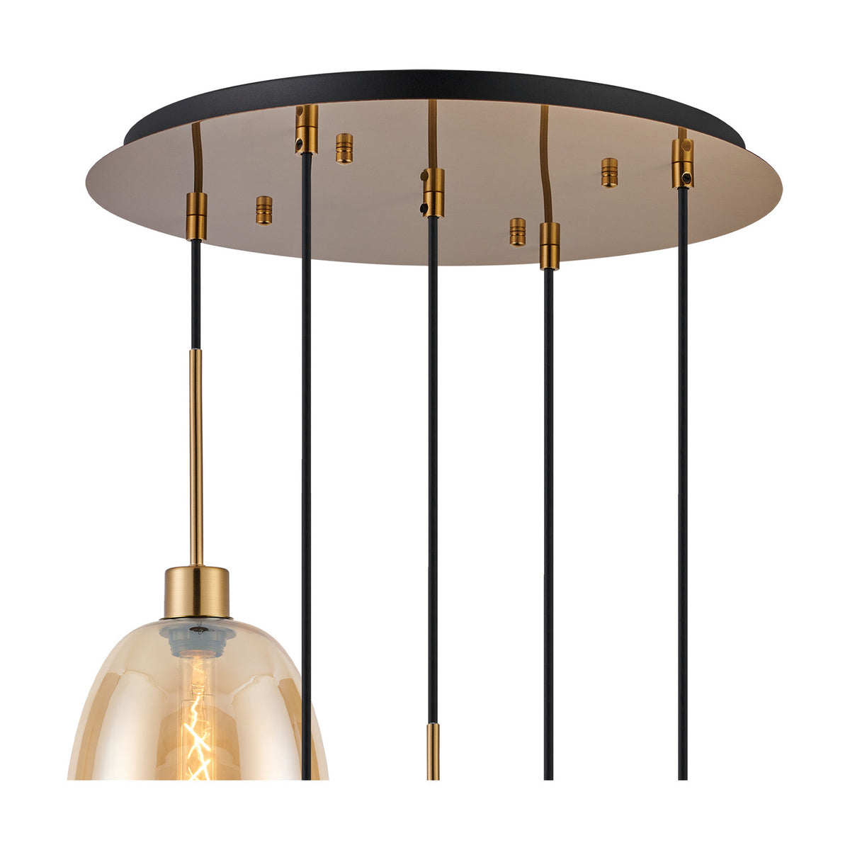 5 Light E27 Round Amber Glass Pendant Light, 45cm antique gold ceiling plate with black and gold cables suspending amber glass shade and bulb, shown on a white background.