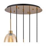 5 Light E27 Round Amber Glass Pendant Light, 45cm antique gold ceiling plate with black and gold cables suspending amber glass shade and bulb, shown on a white background.
