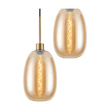 Pendant light with an oval amber glass shade and antique gold fitting, shown on a plain white background with a visible E27 filament bulb.