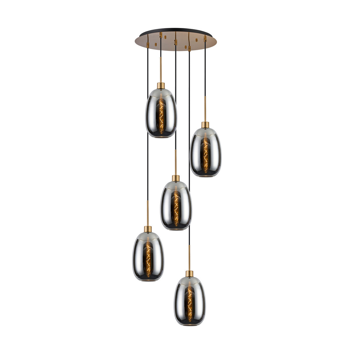 Lori 5 Light E27 Round Pendant Light 45cm Chrome - Antique Gold