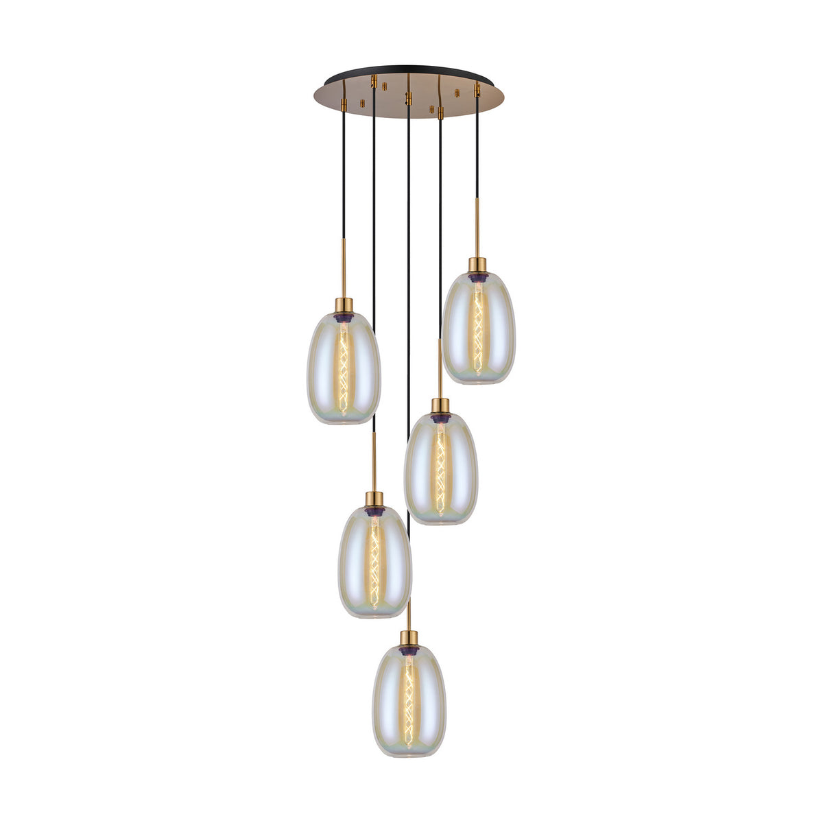Lori 5 Light Round Pendant, 45cm antique gold ceiling plate with cascading cords holding five oval iridescent glass shades on brass-finish stems, shown on a plain white background.