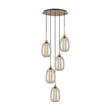 Lori 5 Light Round Pendant, 45cm antique gold ceiling plate with cascading cords holding five oval iridescent glass shades on brass-finish stems, shown on a plain white background.