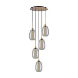 Lori 5 Light Round Pendant Light with iridescent glass shades on antique gold frame and cords, staggered drop, on a plain white background.