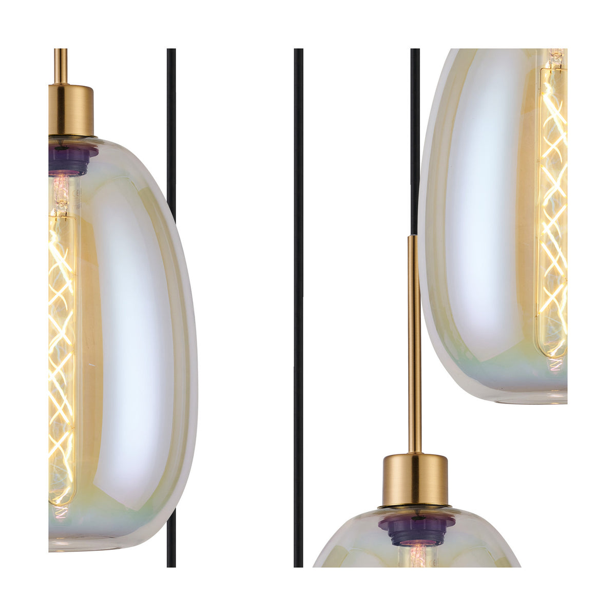 Close-up of the Lori pendant light shade in iridescent glass with antique gold fitting, showing the visible filament bulb and black cable against a white background.