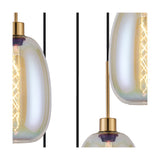 Close-up of the Lori pendant light shade in iridescent glass with antique gold fitting, showing the visible filament bulb and black cable against a white background.