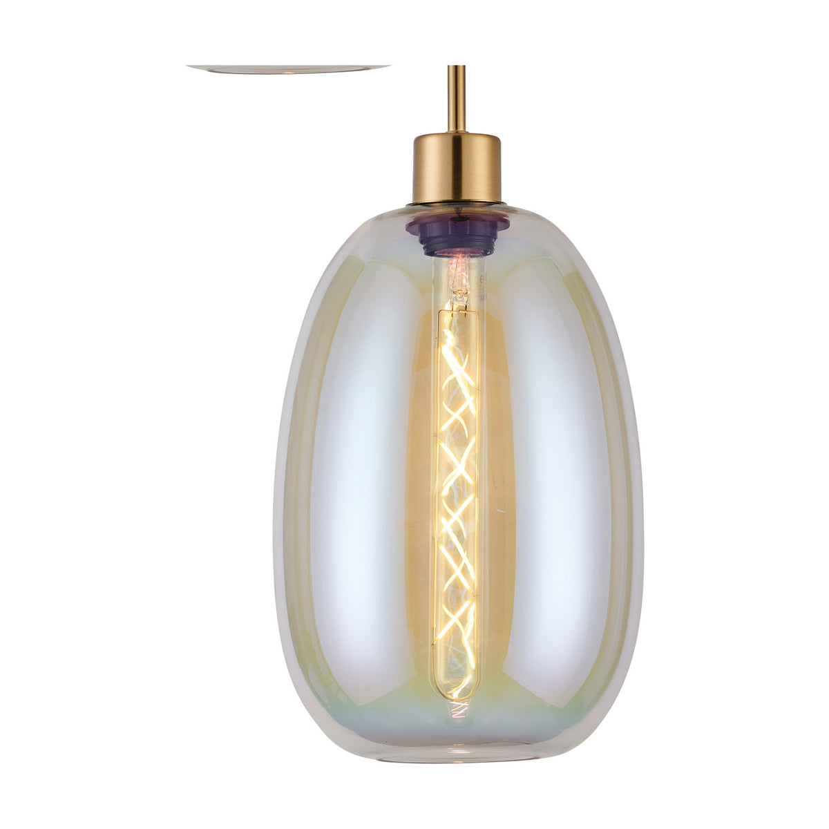 Lori pendant light with a single elongated iridescent glass shade on an antique gold fitting, showing an amber E27 filament bulb, against a plain white background.