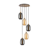 5 Light E27 Pendant Light with amber and smoke oval glass shades on cables of varying lengths, antique gold fittings and round ceiling plate, plain white background.