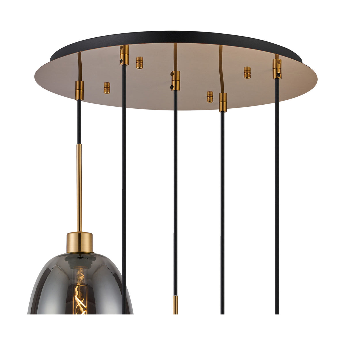 Close-up of a 5-light E27 pendant fitting with round antique gold ceiling plate, black cables, gold cord grips and one visible smoke glass shade, shown against a white background.