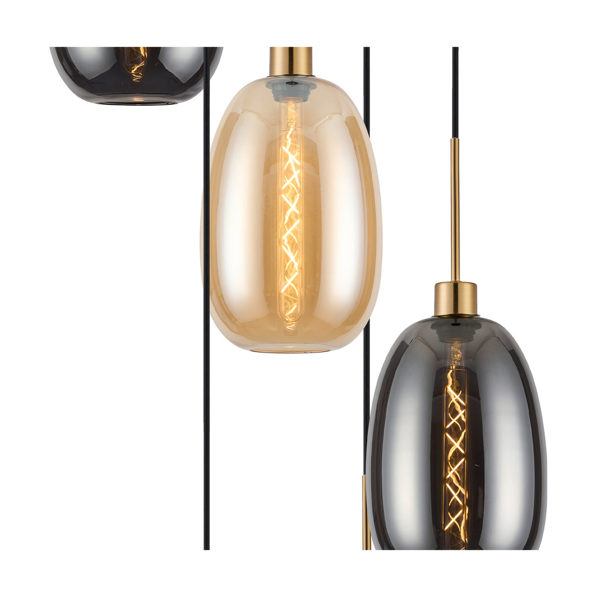 Close-up of the 5 Light E27 Pendant Light in amber and smoke glass with antique gold fittings, showing tapered oval shades and visible filament bulbs on a white background.