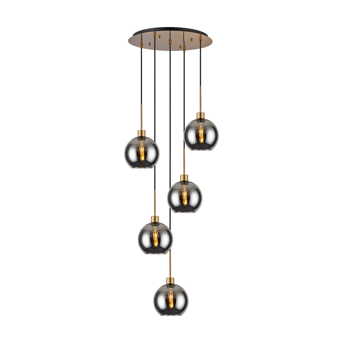 Lori 5 Light Open Mouth Pendant Light, antique gold ceiling ring with five smoke glass globes on cascading cords, shown on a plain white background.