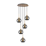 Lori 5 Light Open Mouth Pendant Light, antique gold ceiling ring with five smoke glass globes on cascading cords, shown on a plain white background.