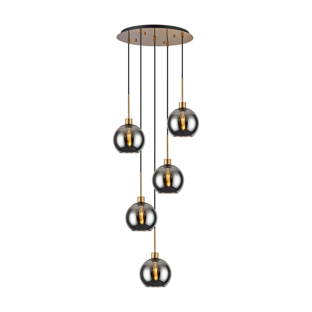 Lori 5 Light Open Mouth Pendant Light, antique gold ceiling ring with five smoke glass globes on cascading cords, shown on a plain white background.