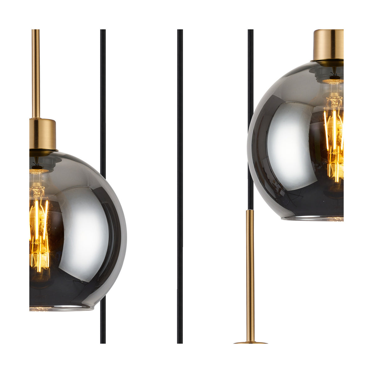 Lori 5 Light Open Mouth Pendant Light in smoke glass with antique gold fittings, close-up of globe shades and rods on a white background.