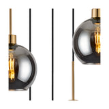 Lori 5 Light Open Mouth Pendant Light in smoke glass with antique gold fittings, close-up of globe shades and rods on a white background.