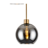 Lori 5 Light Open Mouth Pendant Light, single smoke glass globe shade shown with lit E27 bulb, antique gold ceiling rose and rod, on a white background.