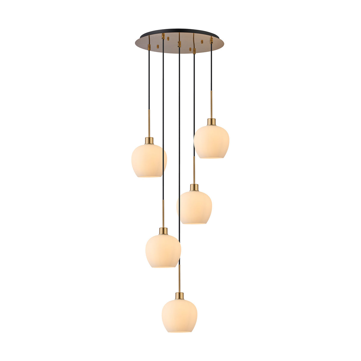 Lori 5 Light E27 Round Pendant Light, 45cm antique gold ceiling plate with five staggered cords holding tapered opal glass shades, on a plain white background.